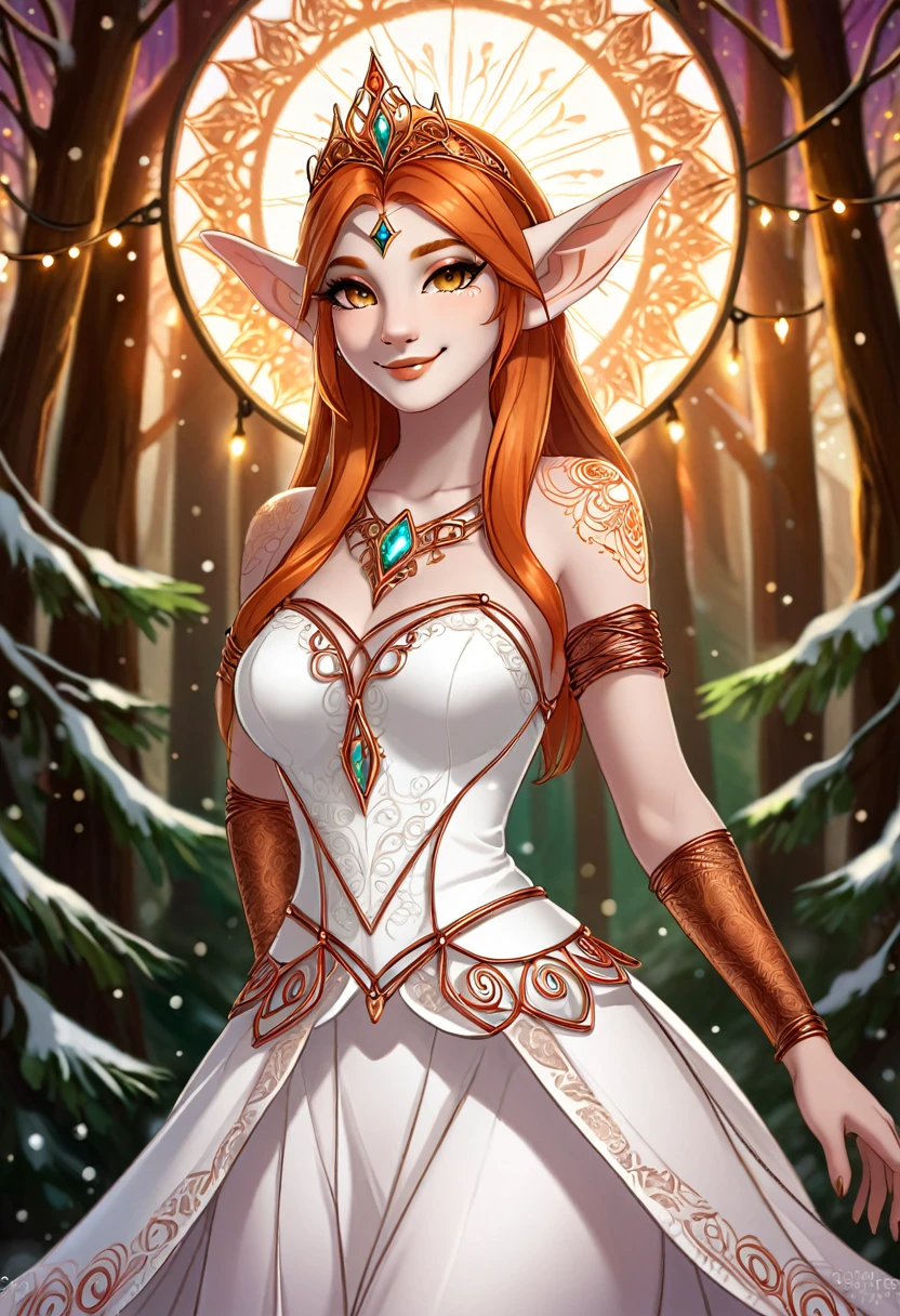 Steampunk inspired elven princess. copper wire necklaces and bangles. Crown of fine copper wire. copper coloured tatoos cover her face and body intricate and beautiful designs. LArge pointed ears that end in curlicues. Hands on hips. Ember colored eyes adorned with intricate copper wireing. a Pure white dress, hemmed with copper, covered in copper lace and filligree. cppper designs cover the skirt in a kaleidoscope of intricate copper designs. Background is magical verdant forrest. Her visage is a mesmerizing blend of Arial Winter, creating a unique, symmetrical face that exudes elegance and grace. Copper colores face tattoos. Copper colored are, and chest tatoos. Cozy, romantic lighting. Cheerful smile. Copper hair that shimmers and sparkles in the lights. Hourglass figure. copper lips. copper eye shadow.