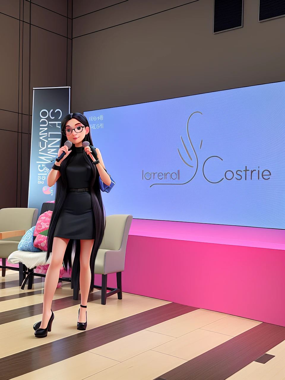 woman in a black dress, long black hair, wearing prescription glasses, in high heels presenting a talk, with the microphone in her hand.