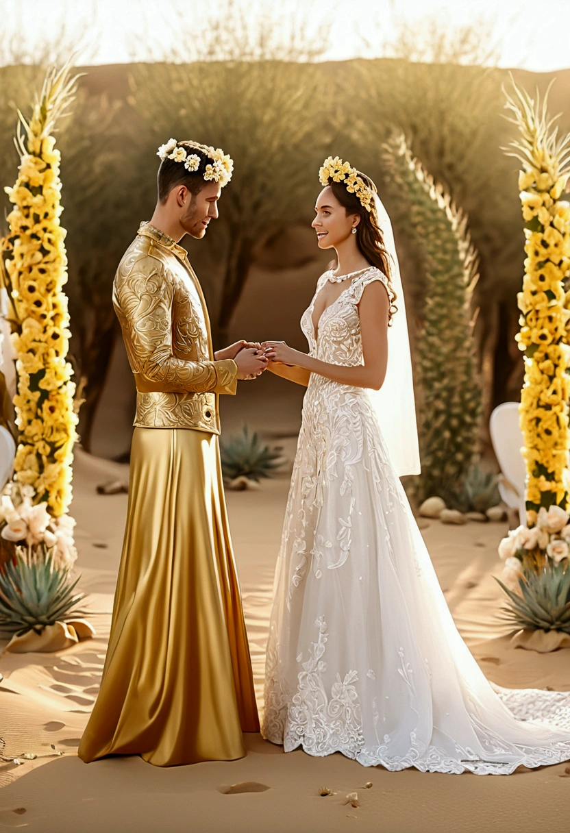 (a Desert Princess), The gorgeous desert princess is exchanging vows with her lover at the wedding. She is dressed in a golden flower crown wedding dress, and guests are dressed in festive attire. The background is a wedding scene decorated with desert specific plants and flowers, creating a happy and joyful atmosphere, full body, (Photography), panoramic view, award-winning, cinematic still, emotional, vignette, dynamic, vivid, (masterpiece, best quality, Professional, perfect composition, very aesthetic, absurdres, ultra-detailed, intricate details:1.3)