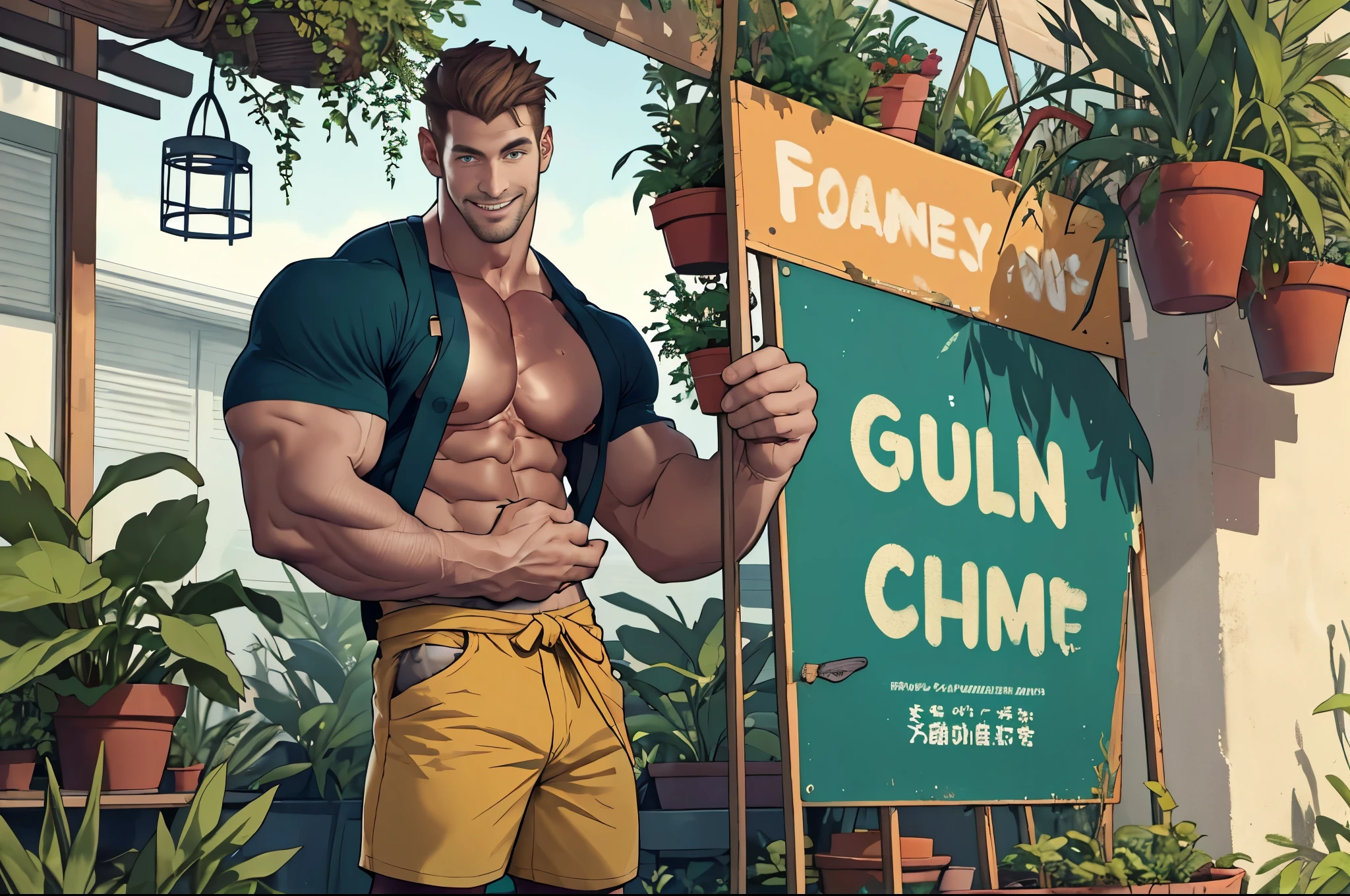 Clear background、A handsome tall man standing, He is 28 years old,Thin waist,The pectoral muscles are well developed, He is 175cm tall,Weight 62 kg、yellow-green eyes、brown hair color、short hair、Shirtless、Denim shorts,Holding a potted plant in hand、looking into camera,Smile,There are many potted plants and gardening tools around,gardening store,apron,Cinematic feel,gentle but sexy,Sideways photo,butt,Back muscles,Full of details,Living Style
