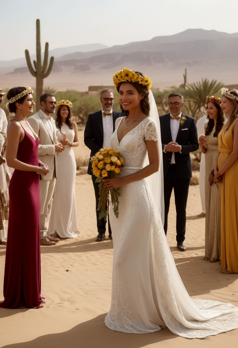 (a Desert Princess), The gorgeous desert princess is exchanging vows with her lover at the wedding. She is dressed in a golden flower crown wedding dress, and guests are dressed in festive attire. The background is a wedding scene decorated with desert specific plants and flowers, creating a happy and joyful atmosphere, full body, (Photography), panoramic view, award-winning, cinematic still, emotional, vignette, dynamic, vivid, (masterpiece, best quality, Professional, perfect composition, very aesthetic, absurdres, ultra-detailed, intricate details:1.3)