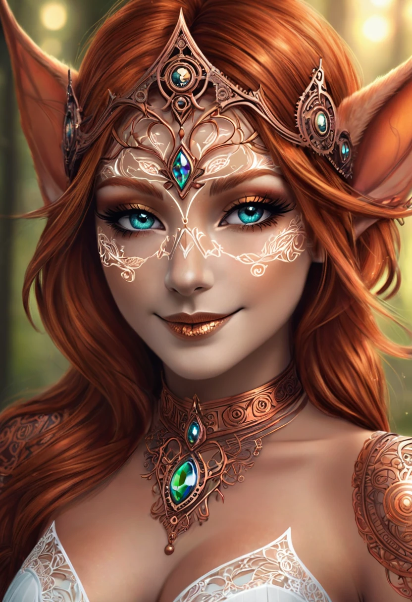 Steampunk inspired goblin princess. copper wire necklaces and bangles. Crown of fine copper wire. copper coloured tatoos cover her face and body intricate and beautiful designs. LArge bat ears. Hands on hips. Ember colored eyes adorned with intricate copper wireing. a pure white dress, hemmed with copper, covered in copper lace and filligree. silver designs cover the skirt in a kaleidoscope of intricate copper designs. Background is magical verdant forrest. Her visage is a mesmerizing blend of Arieal Winter Alison Brie, creating a unique, symmetrical face that exudes elegance and grace. copper colores face tattoos. Copper colored arms, and chest tatoos. Cozy, romantic lighting. Cheerful smile. Copper hair that shimmers and sparkles in the lights. Hourglass figure. copper lips. dark copper eye shadow. Slim waist and wide hips.