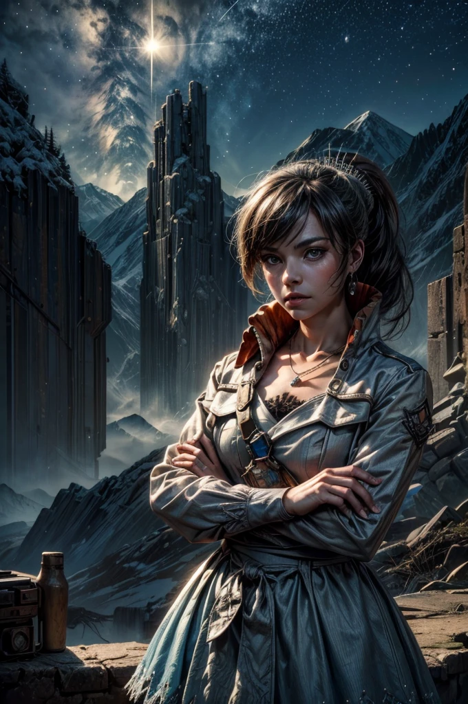 (masterpiece, best quality:1.2), cowboy shot, weissvale, expressionless, closed mouth, looking at viewer, crossed arms, ponytail, scar on eye, white dress, jewelry, necklace, earrings, standing with crowd in city ruins on hill, overlooking valley, BREAK night, stars, moon, snow, BREAK mountains in background, waterfall, vehicle wreck, , (crowd in military uniform), bonfires, post-apocalypse, dystopian future,