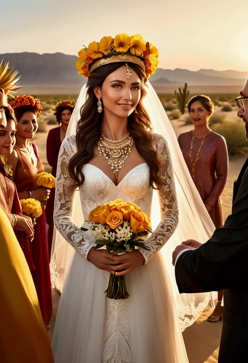 (a Desert Princess), The gorgeous desert princess is exchanging vows with her lover at the wedding. She is dressed in a golden flower crown wedding dress, and guests are dressed in festive attire. The background is a wedding scene decorated with desert specific plants and flowers, creating a happy and joyful atmosphere, full body, (Photography), panoramic view, award-winning, cinematic still, emotional, vignette, dynamic, vivid, (masterpiece, best quality, Professional, perfect composition, very aesthetic, absurdres, ultra-detailed, intricate details:1.3)