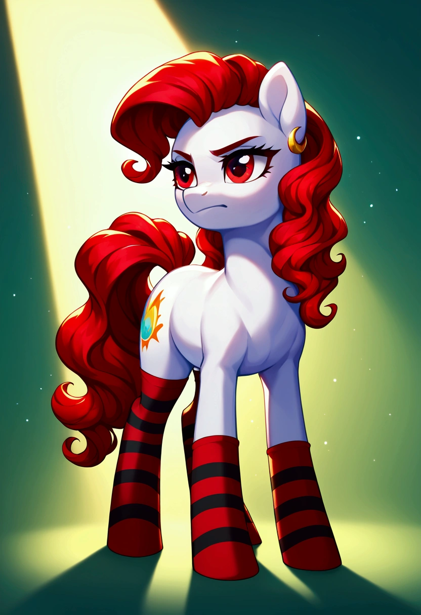 score_9,score_8_up,score_7_up,score_6_up, ((my little pony)), radiant lighting, vibrant colors, whimsical atmosphere, 8K, high resolution, highly detailed, masterpiece, behind view, white body, long red wavy hair, earrings, red eyes, stern look, black-red striped stockings  huge overfilled round breast_implant like a blimp, hyper_breast_implant Some of the biggest expanding breasts and booty in the world. Only