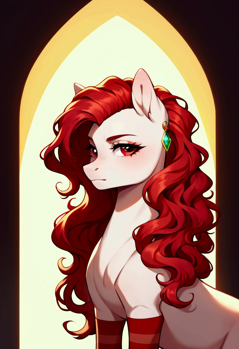 score_9,score_8_up,score_7_up,score_6_up, ((my little pony)), radiant lighting, vibrant colors, whimsical atmosphere, 8K, high resolution, highly detailed, masterpiece, behind view, white body, long red wavy hair, earrings, red eyes, stern look, black-red striped stockings 