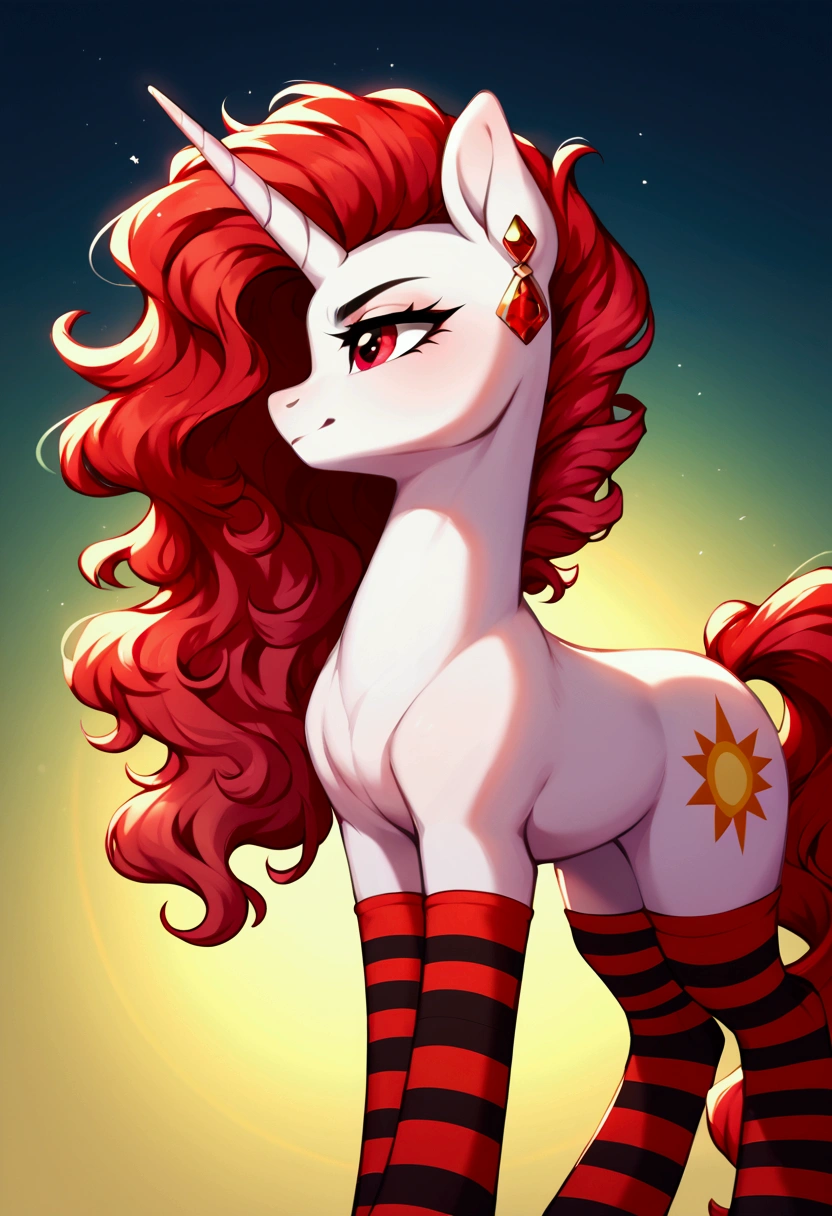 score_9,score_8_up,score_7_up,score_6_up, ((my little pony)), radiant lighting, vibrant colors, whimsical atmosphere, 8K, high resolution, highly detailed, masterpiece, behind view, white body, long red wavy hair, earrings, red eyes, stern look, black-red striped stockings