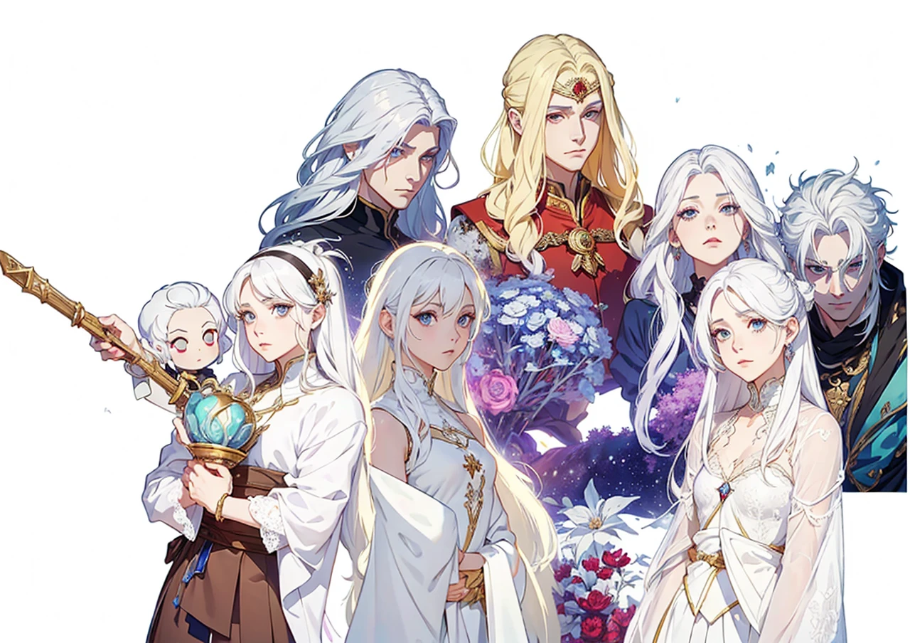 Royal family Palace fund Symmetrical bodies No errors Good quality 

um grupo de pessoas com white  hair e roupas brancas segurando espadas, a character portrait of Kamagurka, PIXIV, serial art, anime in fantasy style, harem, highly detailed exquisite fanart, coriolios RPG art style, white  hair, wisdom friend anime, de white  hair, dnd fantasy art, high quality fanart, detailed fanart