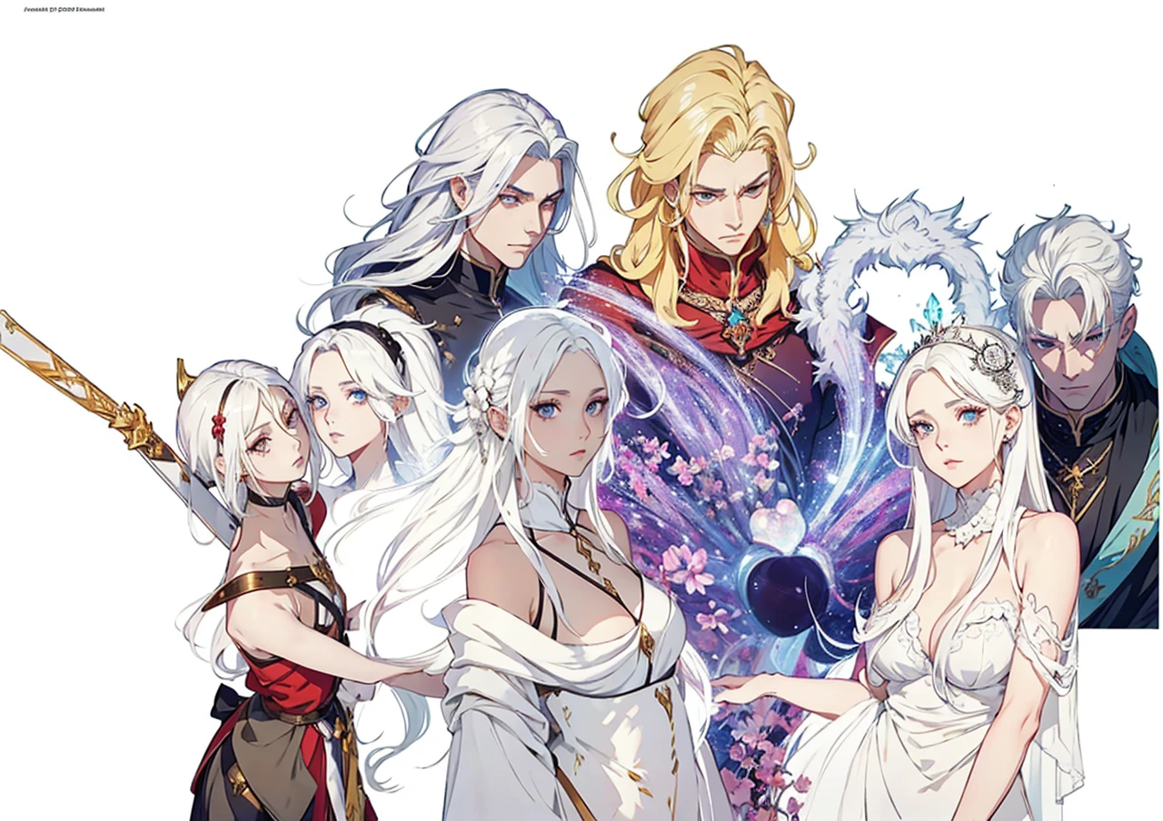 Royal family Palace fund Symmetrical bodies No errors Good quality 

um grupo de pessoas com white  hair e roupas brancas segurando espadas, a character portrait of Kamagurka, PIXIV, serial art, anime in fantasy style, harem, highly detailed exquisite fanart, coriolios RPG art style, white  hair, wisdom friend anime, de white  hair, dnd fantasy art, high quality fanart, detailed fanart