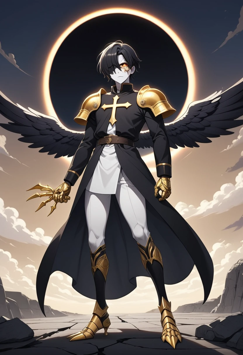 1man, adult, angel, pale skin, black hair, very short hair, white hairlocks, golden eyes, broken face, crack on the face, radiance coming from the crack, missing eye, black wings, eyed wings, bird legs, black robes, golden details, golden shoulder pads, golden prothesis in right hand, clawsprothesis, sword-cross on hands, eclipse, fullbody, anime style
