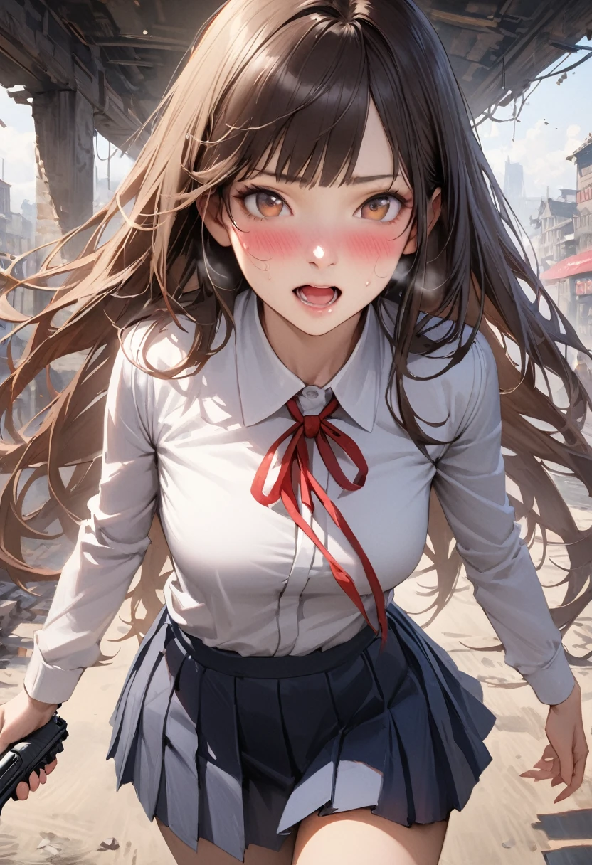 ((masterpiece,Highest quality:1.3,best quality illustration,realistic:1.3)),cowboy shot,独奏,1woman,(18-year-old、Japanese Beauty)、brown hair,long hair,bangs,brown eyes,gorgeous eyes,((very small head:1.3)),blush,Heavy breathing,((very long body:1.2,skinny)),medium breasts,(Red ribbon tie、White collared shirt、Long sleeve navy blue pleated mini skirt、Wet crotch),sweat,gleaming skin,toned body,slender body,walk、on street,Collapsed building、Shibuya.End of the World、