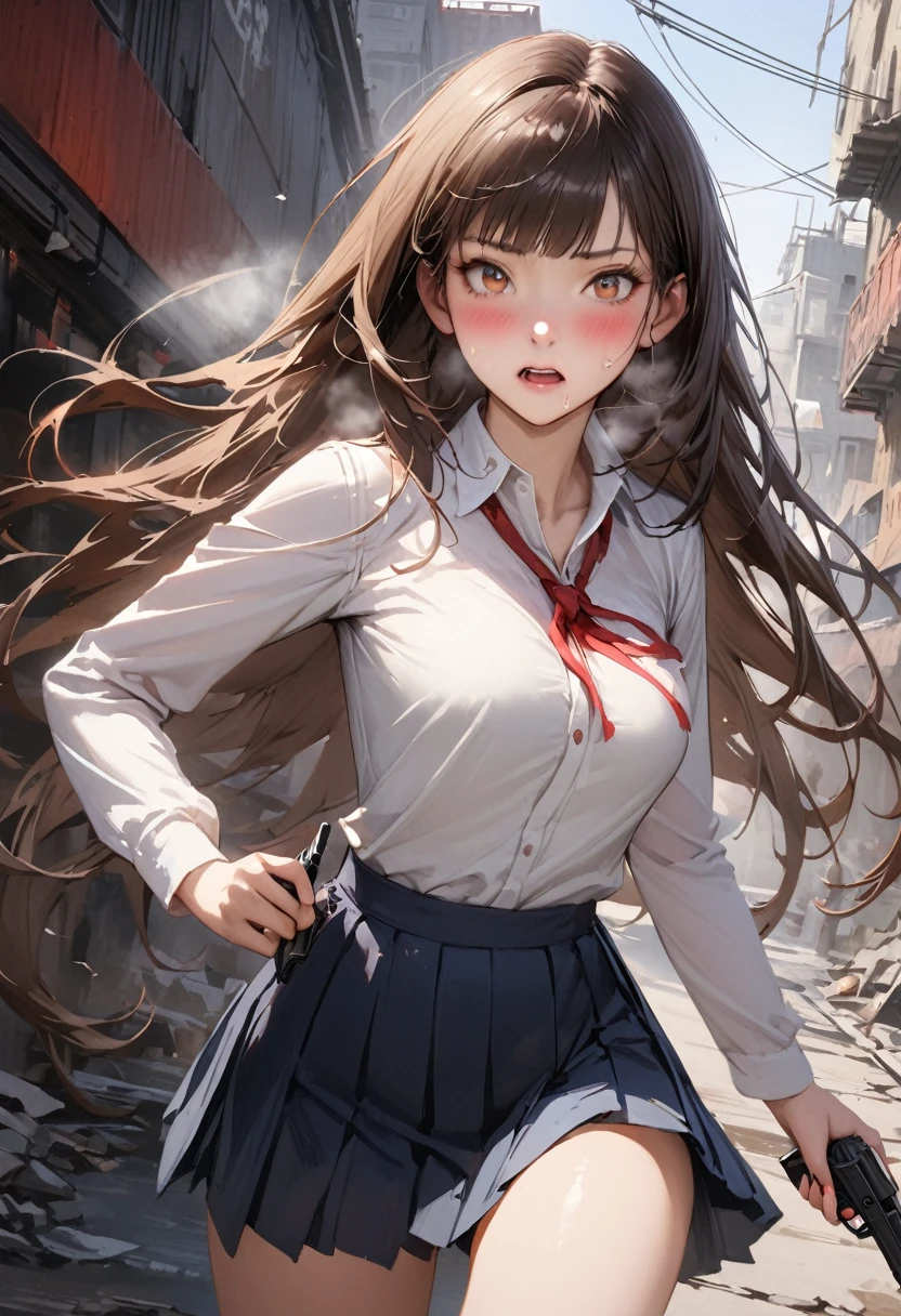 Action Scenes、((A detailed depiction of a woman holding a handgun))、((masterpiece,Highest quality:1.3,best quality illustratio)),realistic,cowboy shot,独奏,1woman,(20-year-old、Japanese Beauty),dark brown hair,long hair,bangs,brown eyes,gorgeous eyes,(very small head:1.3),blush,Heavy breathing,(very long body:1.2,skinny),medium breasts,(Red ribbon tie、White long sleeve collared shirt、Navy blue pleated mini skirt),gleaming skin,toned body,slender body,sweat,Run,Ruined city、Collapsed building、、World of Blade Runner、