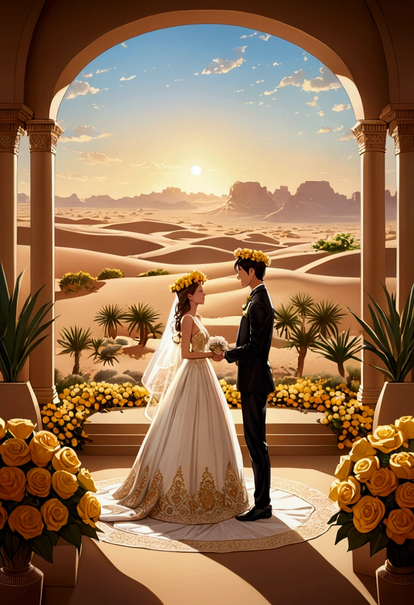 (a Desert Princess), The gorgeous desert princess is exchanging vows with her lover at the wedding. She is dressed in a golden flower crown wedding dress, and guests are dressed in festive attire. The background is a wedding scene decorated with desert specific plants and flowers, creating a happy and joyful atmosphere, full body, (Photography), panoramic view, award-winning, cinematic still, emotional, vignette, dynamic, vivid, (masterpiece, best quality, Professional, perfect composition, very aesthetic, absurdres, ultra-detailed, intricate details:1.3)