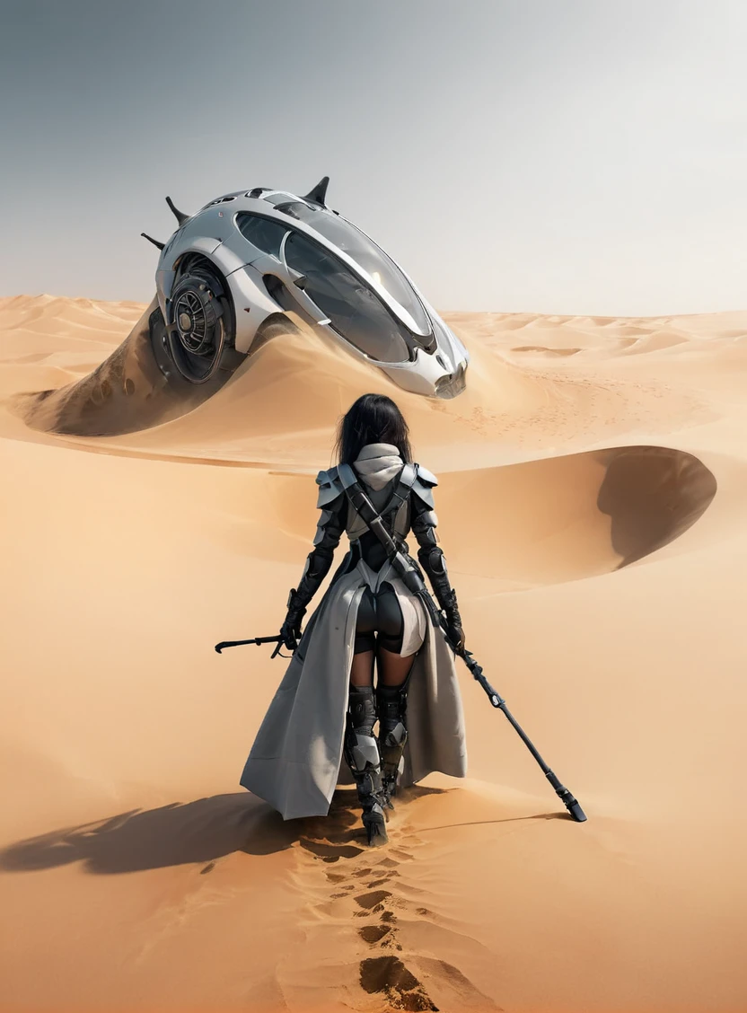 a beautiful woman in a long coat standing a desert, looking at the camera, with a futuristic hoovering car, coming out of the sand in the background , concept art, fantasy art 