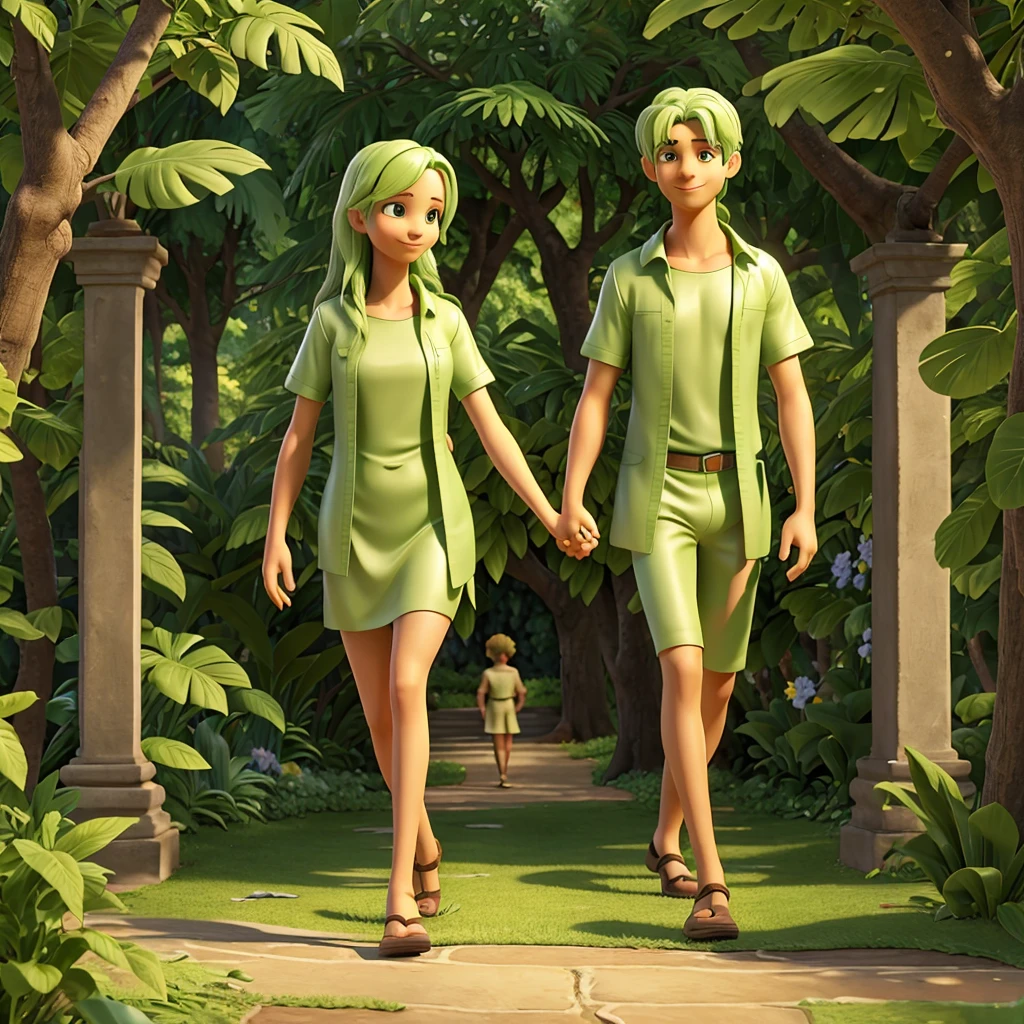 Adam and Eve are walking hand in hand in a lush garden, symbolizing the Garden of Eden. Both have a youthful appearance, with serene and happy expressions on their faces. Your clothes are made of green leaves, that modestly cover your private parts, but still allow their human forms to be perceived.