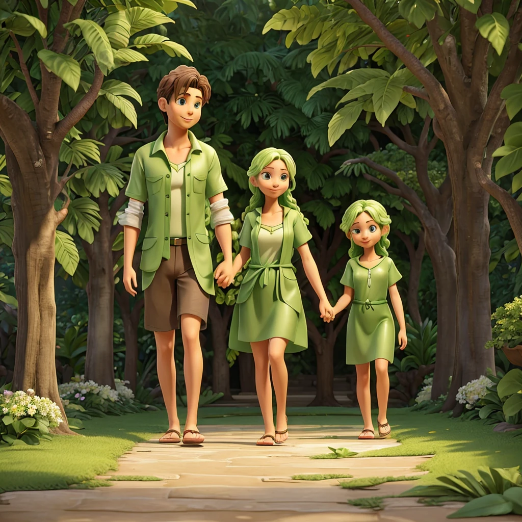 Adam and Eve are walking hand in hand in a lush garden, symbolizing the Garden of Eden. Both have a youthful appearance, with serene and happy expressions on their faces. Your clothes are made of green leaves, that modestly cover your private parts, but still allow their human forms to be perceived.