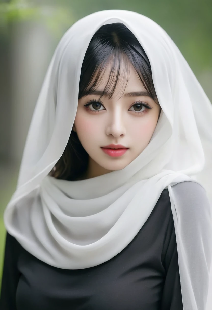 She wears a veil that hides her face.white black Muslim clothes 、Eyes are hidden, big breast