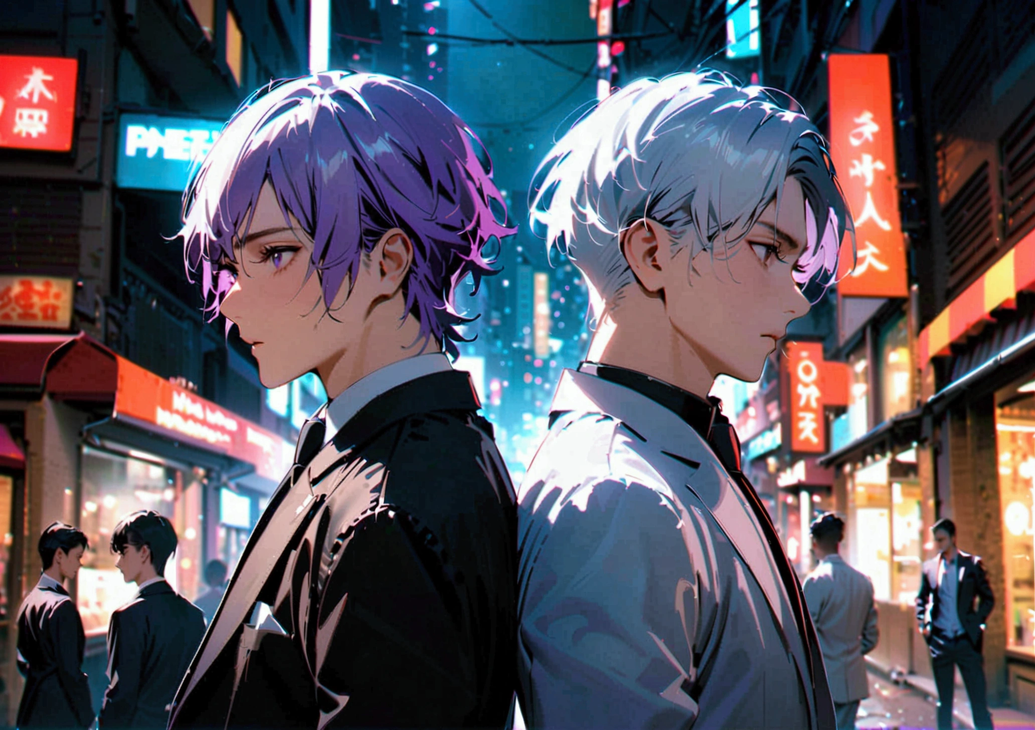 3 men with white hair, 1 man in a white suit with black hair, 1 man in a black suit with purple hair, 1 man in a white suit with their backs turned in the middle of the city at night.