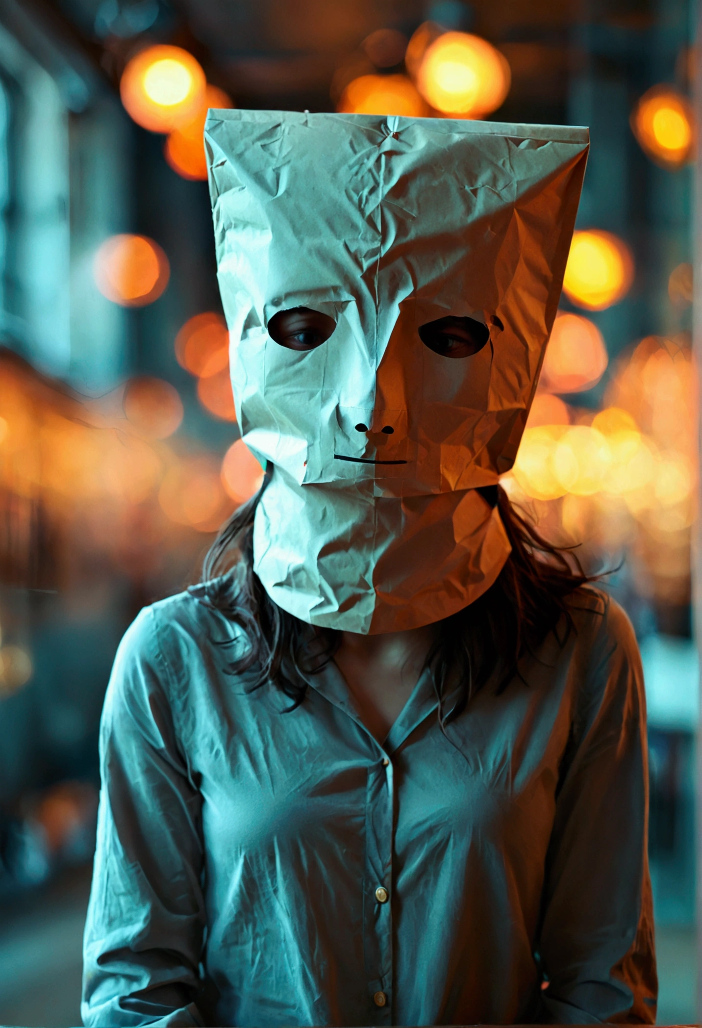 person with a paper bag over their head hiding their face and preventing them from thinking or expressing themselves