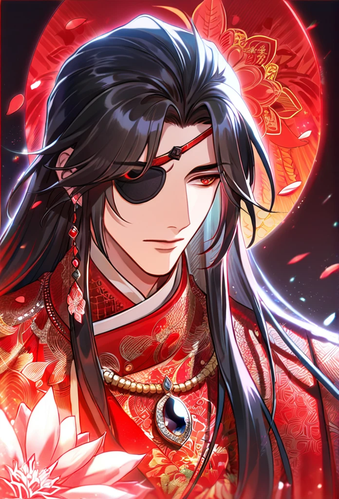 Ultra detailed, HDR, Highres, absurdres, master piece, Hua Cheng, black long hair, expressive red eye, black eye patch, Heaven Official's Blessing, patterns, red clothes, red petals, red ice flowers, sexy man, solo, extremely detailed face and eyes, extremely handsome, glittering, red glass,