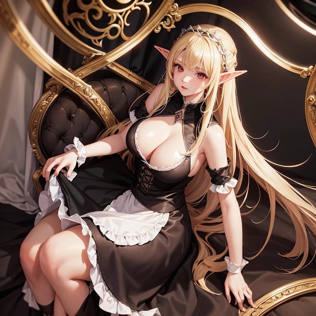 Queen elf woman, wears black maid outfit with short maid skirt, has long messy shaggy blonde hair, It has red eyes, has a big .
