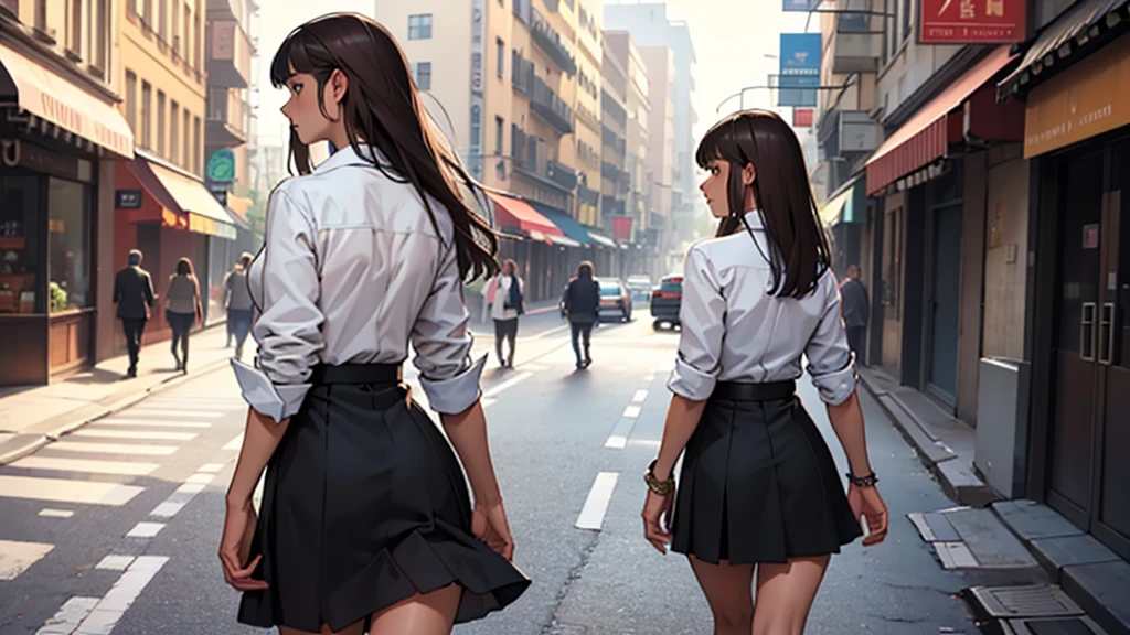 ((best quality)), ((work of art)), ((detailed)), woman, long brown hair with bangs, from behind, wearing a dress shirt, short black skirt, walking through the city