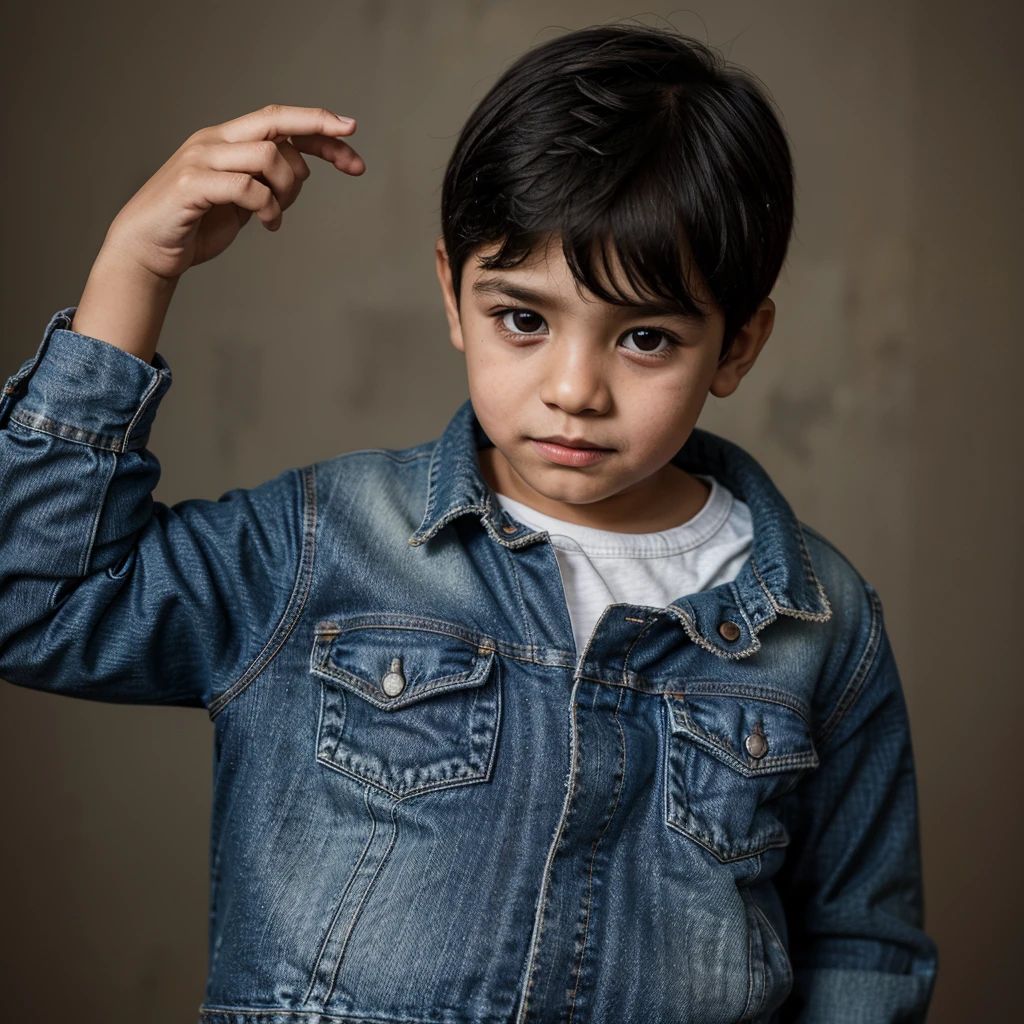 portrait of a 2 year old boy wearing casual clothes with a jeans jacket, background with the name Arfan written on it.