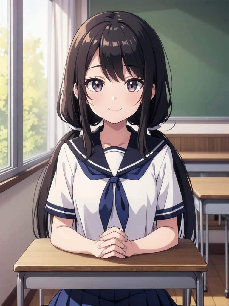 1girl, sitting, own hands together, hands in front of chest,  (head tilt), smile, yo,
classroom, indoors, school chair, school desk, (low twintails girl), low pigtails, hair ribbon  white, very long black hair,
white serafuku with blue ribbon, navy-blue collar, navy-blue skirt,
(dark brown eye), afternoon, summer,
school,
(from front:1.4), upper body,
anime, high brightness, detailed face, detailed eyes,
(high quality, ultra detailed, masterpiece, FHD)