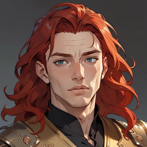 (masterpiece), (best quality),(portrait),(bust up),1boy,solo,(sharp focus),((look at viewer)),(redhead),sleepy,forehead,open-mouthed,adult,medium hair, wavy hair,(ancient:1),ancient luxurious long clothes,old school fantasy art,((simple background)),super shiny face,Ultra Glossy Skin,