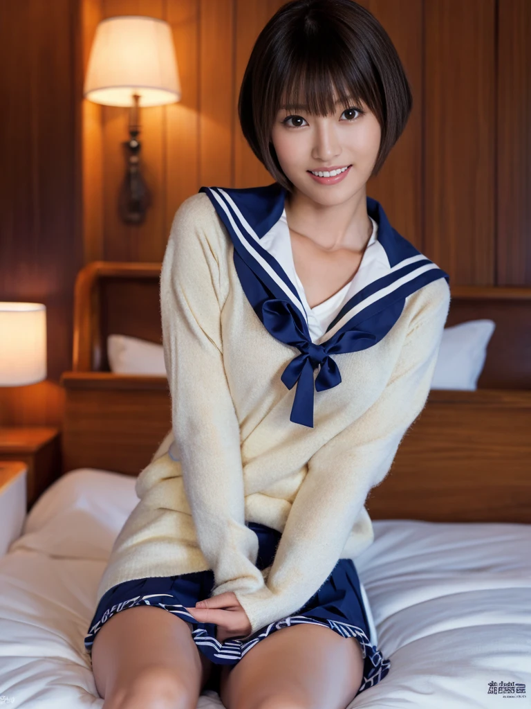 (Super reality:1.2), (digital art, digital illustration, 4k, 8k, Super detailed, beautiful images, clear image, (realistic), (RAW photo:1.3), perfect face, perfect lines, perfect eyes, Accurate body shape, dark lighting) , 1 Japanese cute girl after school, solo, school uniform, (sailor suit, serafuku:1.3), (short cut hair style:1.3), Beautiful face, amateur girl, sexy gyaru:1.3, ((showing panties)), so japanese young Idol, full chest, slim body style, (Inside the hotel, American size bed room, Antique furniture), Precise arms, precise hands and fingers, Beautiful hands and fingers, small smile, Beautiful thighs, (cowgirl position, open legs, on bed), sexy pose, POV
