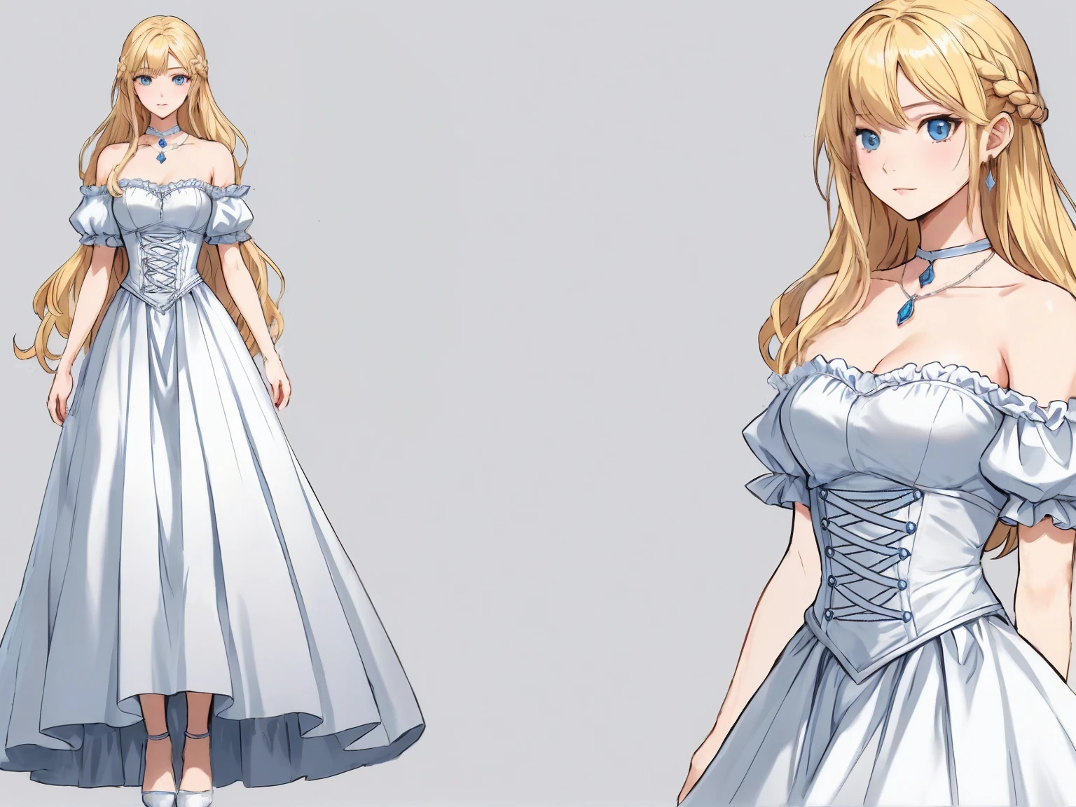 anime style rendering of a woman in a blue dress with a tie, cute anime waifu in a beautiful dress, in a dress, Kushart Krenz Kay Art for women, detailed drawing of an anime character, Anime girl blonde with long hair, beautiful anime character design, female anime character, anime style like fate/stay the night, anime full body illustration