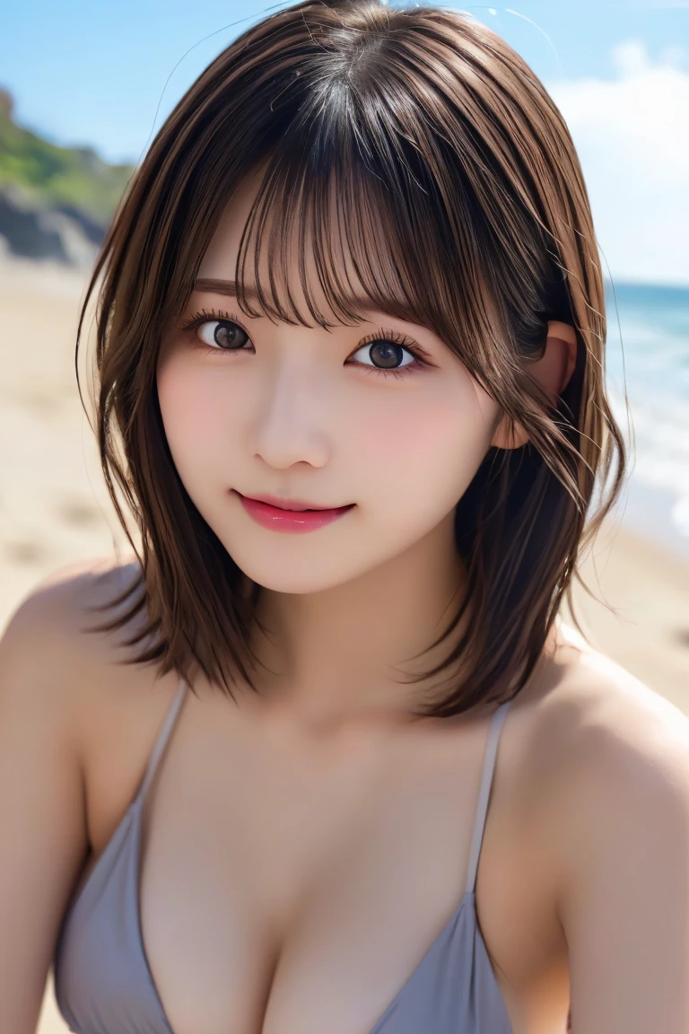 (8K.Highest quality), (beautiful)、Very delicate eyes、Brown eyes、22-year-old female、Brown Hair、looking at the camera、Semi-short hair、Gal、Soft boobs、Micro Bikini、Natural lips、Beach、Sleeping on your stomach、Close-up、smile、Open your mouth