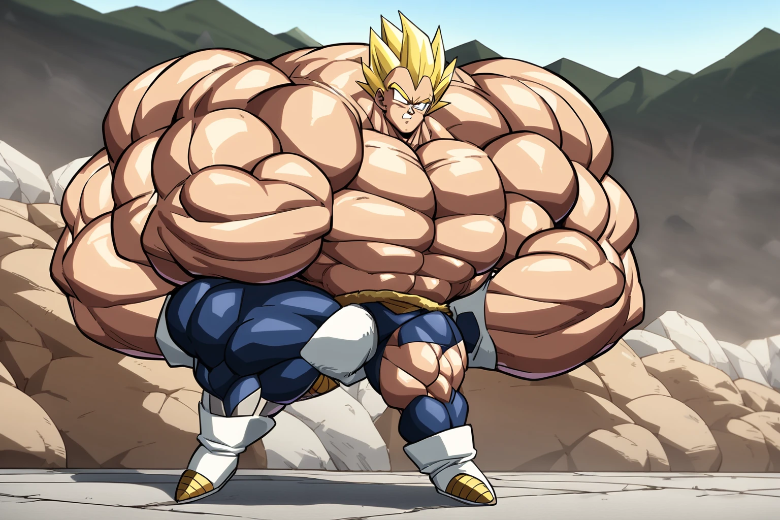 1boy, Vegeta, from Dragon Ball Z, masterpiece, best quality, very aesthetic, absurdres, saiyan, blue eyes, spiked hair, (yellow hair:1.5), standing up, good posture, shirtless, blue skintight pants, white boots with brown tips, white gloves, (huge muscles:2.5), Dragon Ball Z artstyle, in the style of Akira Toriyama, white tiled floor, outdoor, flat-top mountains, full pose, full body shot, (full body in frame:1), Extreme Wide Shot, Low Angle Shot