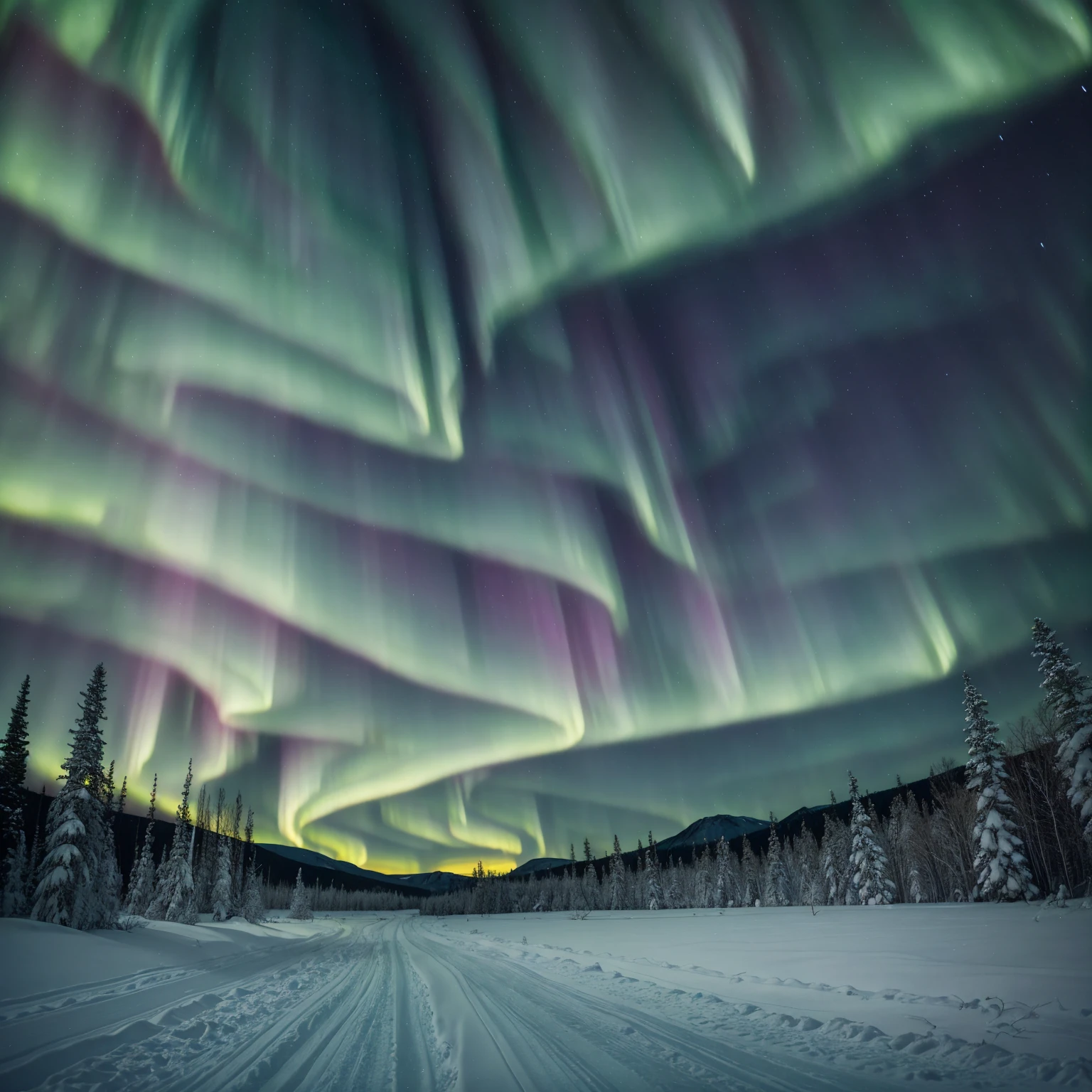 arafed view of a snowy road with a bright green aurora bore, blue aurora, 🌲🌌, with aurora borealis in the sky, northern lights, aurora in the sky, aurora borealis in the sky, aurora borealis, beautiful wallpaper, northern lights background, beautiful night sky, magnificent background, breathtaking stars, luminous stellar sky, antartic night