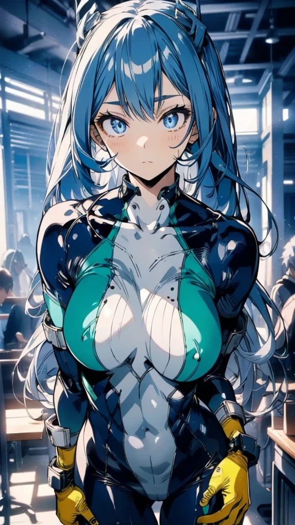 Nejirehadu, Nejire Wave, blue eyes, Blue Hair, Long Hair,
break blue Bodysuits, Bodysuits, Drill Hair, gloves, green Bodysuits, multicolored Bodysuits, Colorful clothes, yellow gloves,
break looking at viewer, whole body,
break indoors, classroom,
break (Tabletop:1.2), Highest quality, High resolution, unity 8k wallpaper, (shape:0.8), (Beautiful and detailed:1.6), Highly detailed face, Perfect Sentence, Detailed CG, (Perfect hands, Perfect Anatomy),