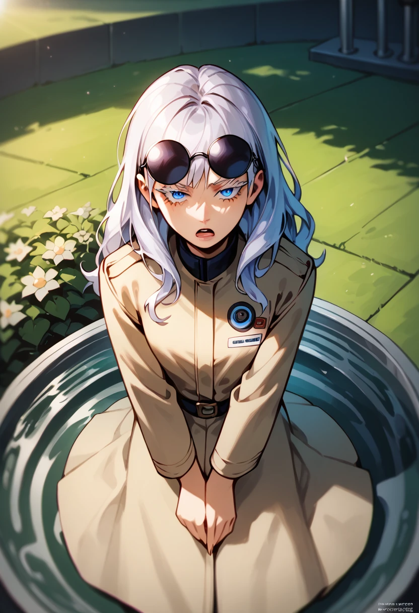 punctuation_9, punctuation_8_High above, punctuation_8, best qualityer,work of art,4K,very aesthetic,no censure,assessment_explicit,assessment_questionable, アニメ_fountain, gojou satora, gender swap \(mtf\), long hair, White hair, blue colored eyes, Depth of field, stunning color, (white eyelashes:1.5), female focus, break, 1 girl, mellow, gazing at viewer, (Glasses on the head, round glasses), ssmile, Grinning, Grinning, forest background, trench coat, Striped culotte pants, break, Animado pela DreamWorks Animation, disheveled hair, perfect composition, break,cinematic lighting and shadow, dynamic pose, Expressive, face perfect, perfectbody,(work of art), (best qualityer), (ultra detali), very aesthetic,very detailled, high detailed texture, 8K,