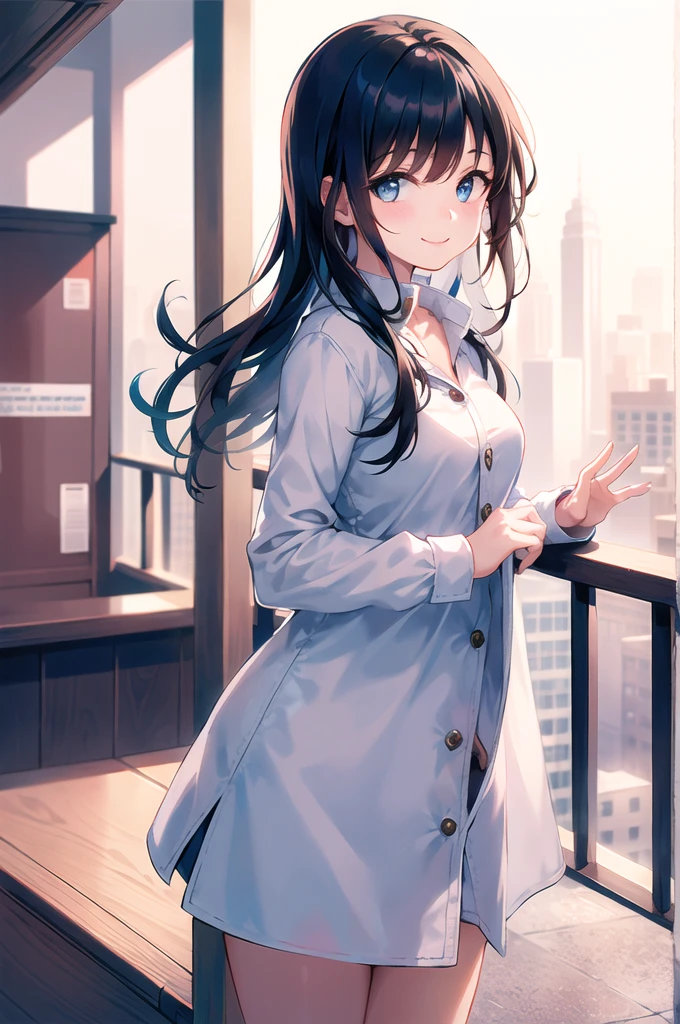 (morning), 1girl, solo, looking at viewer, winter, cowboy shot, (downtown), cowboy shot, smile, black hair