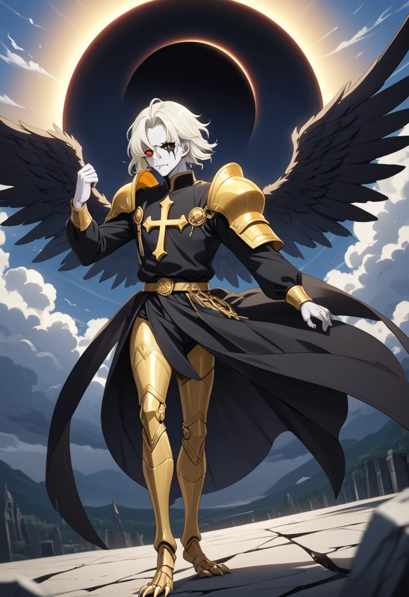 1man, adult, angel, pale skin, black hair, very short hair, white hairlocks, golden eyes, broken face, crack on the face, radiance coming from the crack, missing eye, black wings, eyed wings, bird legs, black robes, golden details, golden shoulder pads, golden prothesis in right hand, clawsprothesis, sword-cross on hands, eclipse, fullbody, anime style