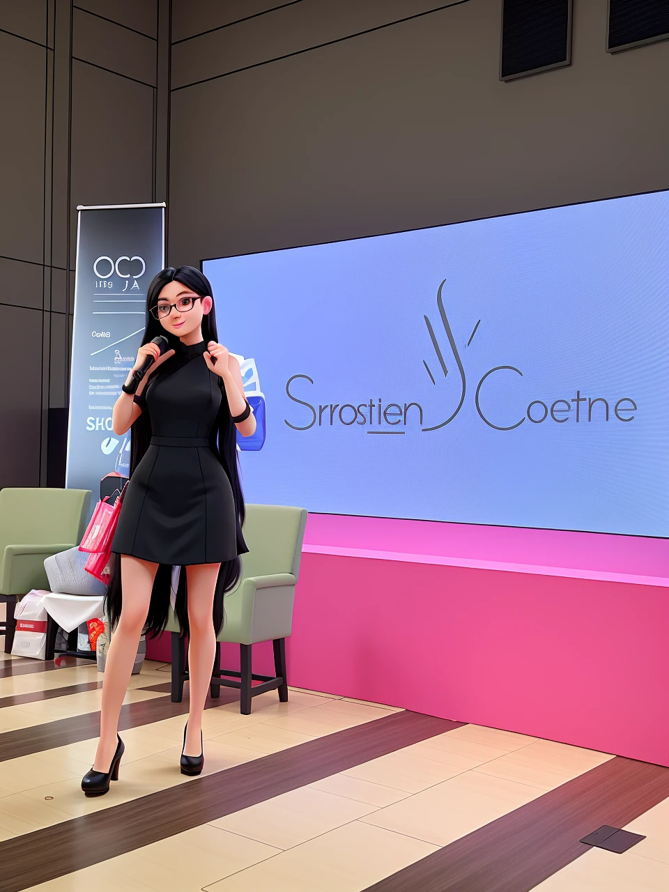 woman in a black dress, long black hair, wearing prescription glasses, in high heels presenting a talk,