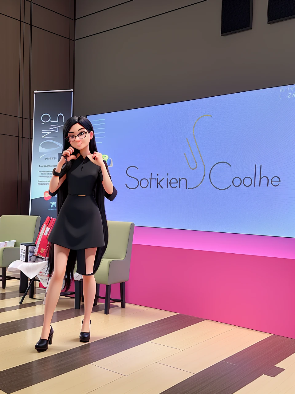 woman in a black dress, long black hair, wearing prescription glasses, in high heels presenting a talk,