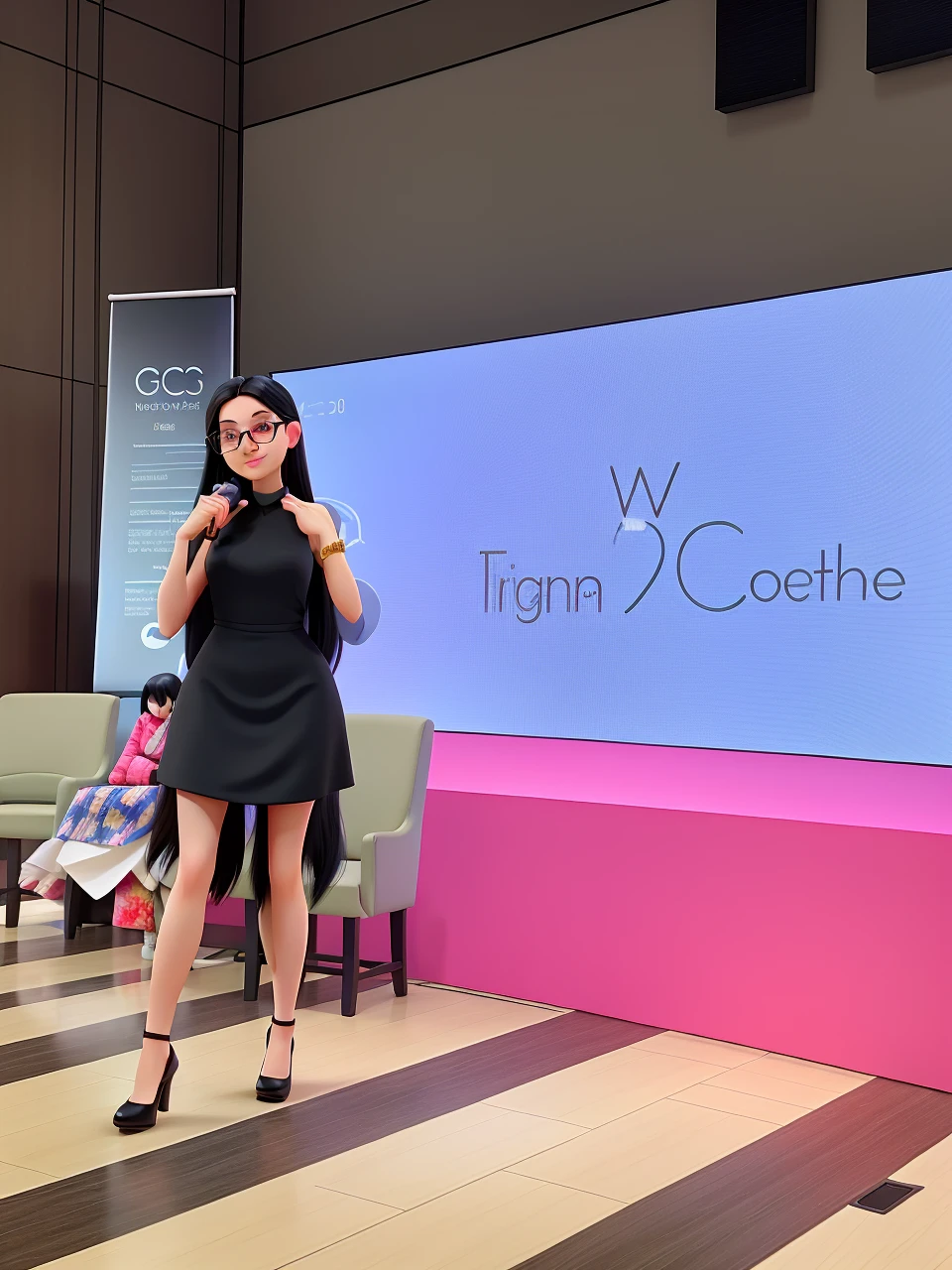 woman in a black dress, long black hair, wearing prescription glasses, in high heels presenting a talk,