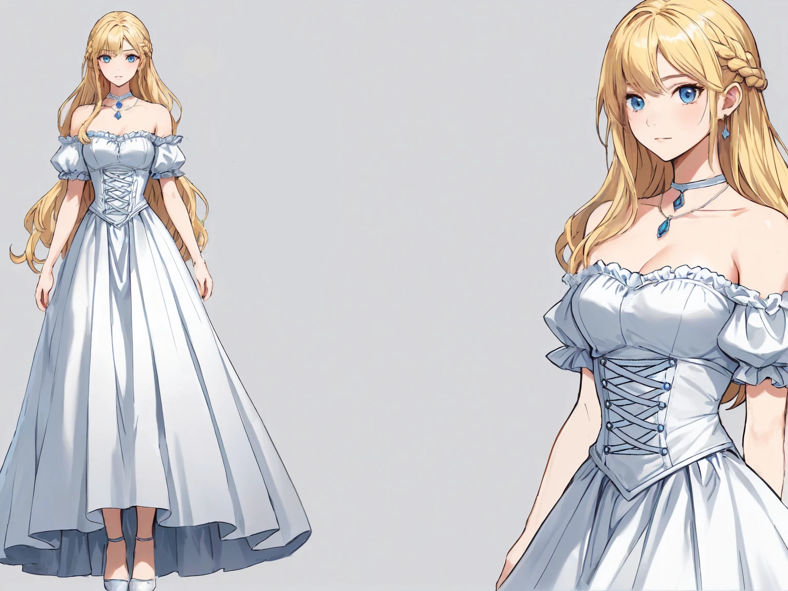 Closed legs, Man, main character, attractive appearance, elaborate details, elaborate poses, Masterpiece, Human girl, beautiful girl, girl, sweet girl, (blue eyes), bright blue eyes, yellow hair, blonde hair, blonde, long hair, wavy hair, anime style, 4k image, everything body, simple background, white background, list of characters. perfect face, red eyes. earrings. Details, Front view, Back view, Full-length, Dress, Fancy dress, Ball gown, Cute dress, Puffy dress, Dress with a very long skirt, Dress with a fluffy petticoat, Dress with gooseberries, Lace, light-colored dress, Long dress, Princess dress, Pre-made dress, Dress with a wide skirt, The Middle Ages, Fantasy, Anime. ((masterpiece, highest quality)), detailed face, full-length character design, many details, very detailed, deep, many angles, detailed faces.