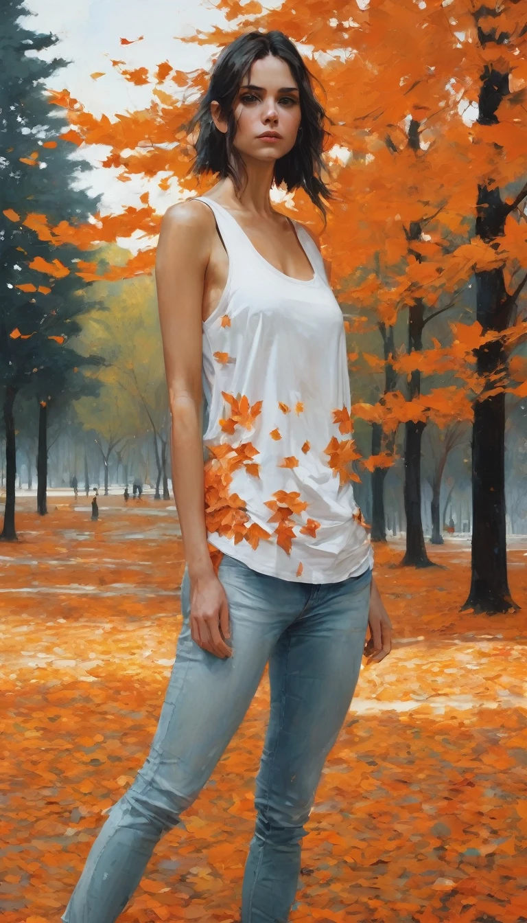 close, Beautiful woman in samdoesarts style, In a park full of orange leaves , alone,Are standing_Split, Jeremy Mann, By Sandra Chevrier, Dave McCain、Richard Avedon、Maciej Kuciara, White tank top and jeans, High resolution, 8k