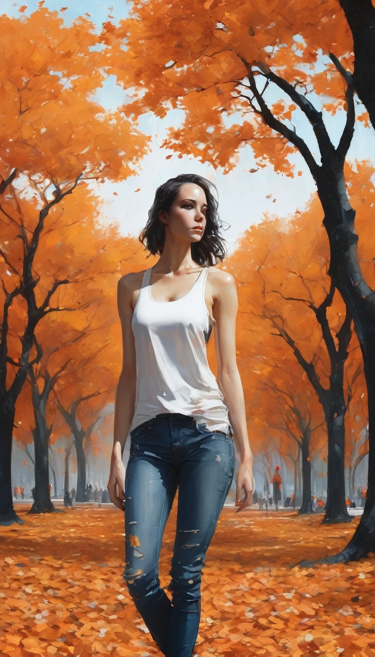 close, Beautiful woman in samdoesarts style, In a park full of orange leaves , alone,Are standing_Split, Jeremy Mann, By Sandra Chevrier, Dave McCain、Richard Avedon、Maciej Kuciara, White tank top and jeans, High resolution, 8k