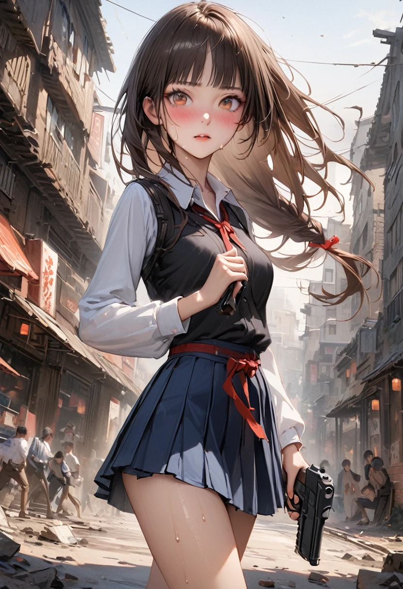 Action Scenes、((A detailed depiction of a woman holding a handgun))、((masterpiece,Highest quality:1.3,best quality illustratio)),(realistic;1.3),cowboy shot,独奏,1woman,(18-year-old、Japanese Beauty),dark brown hair,long hair,bangs,brown eyes,gorgeous eyes,(very small head:1.3),blush,Heavy breathing,.(very long body:1.2,skinny),medium breasts,(Red ribbon tie、White long sleeve collared shirt、Navy blue pleated mini skirt),gleaming skin,toned body,slender body,(sweat,shooting、Shoot a gun),Ruined city、Collapsed building、World of Blade Runner、