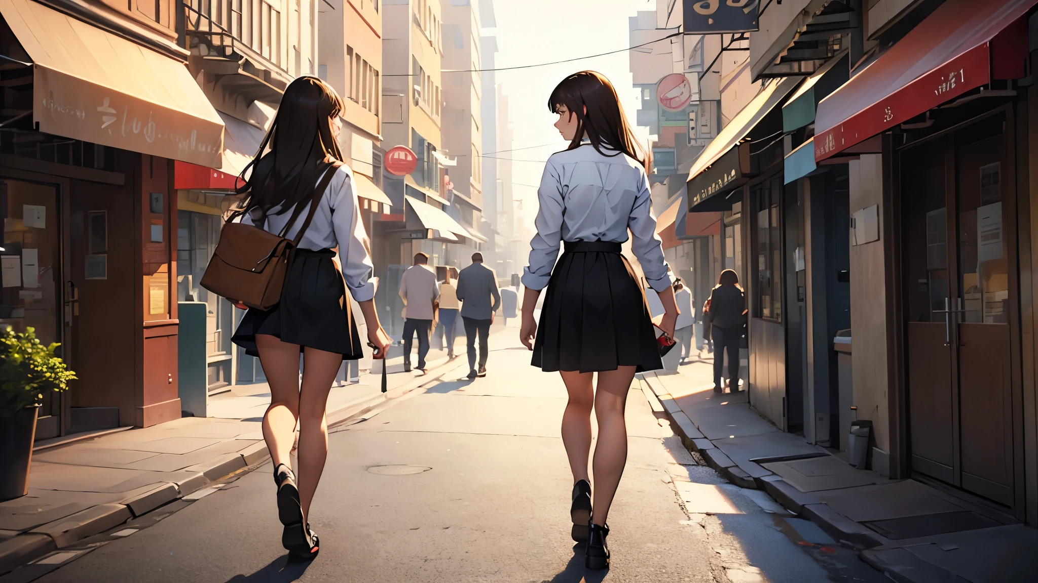 ((best quality)), ((work of art)), ((detailed)), woman, long brown hair with bangs, from behind, wearing a dress shirt, short black skirt, walking through the city
