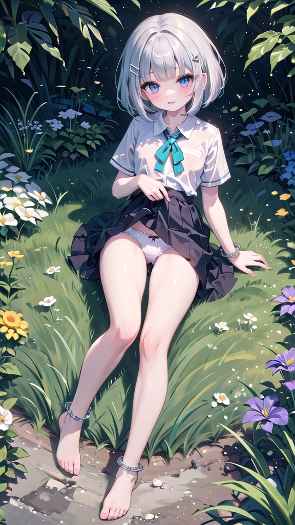 (8K, best quality, master piece: 1.5),super high resolution, One girl, solo, full body, bird's-eye view, , ultra-detailed face, detailed eyes, rainbow colored iris, cyan eyes, bob cut, Silver gray hair, blunt bangs, hairclip, orgasm face, pale skin, Medium chest, short sleeve, show off panties, bare legs, anklet, garden,