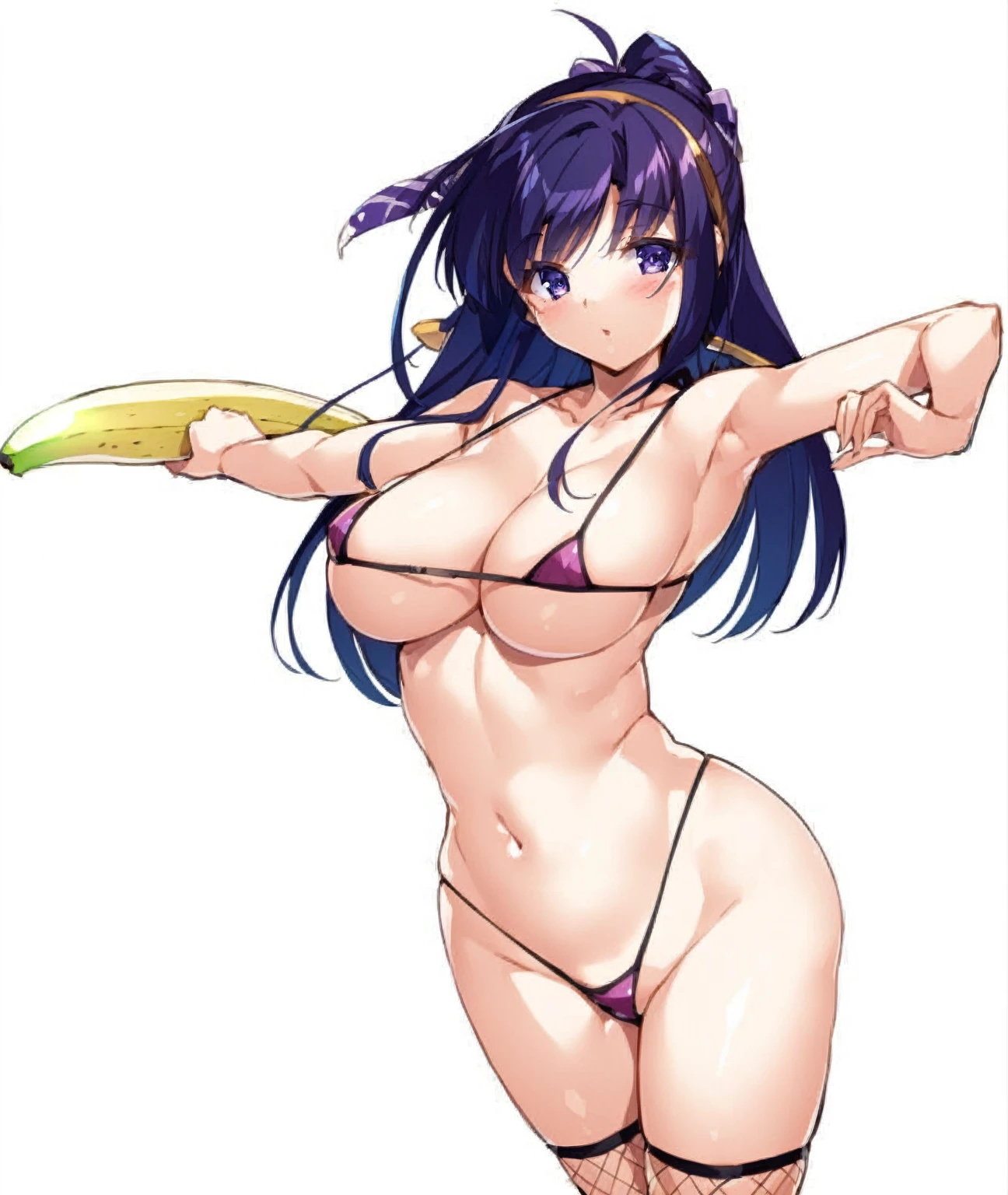 a cartoon image of a woman in a bikini holding a banana, oppai, seductive anime girl, hanayamata, ecchi, oppai proportions, ecchi anime style, , anime goddess, yuyushiki, juri misaki, beautiful alluring anime woman, hinata hyuga, misato katsuragi, thicc