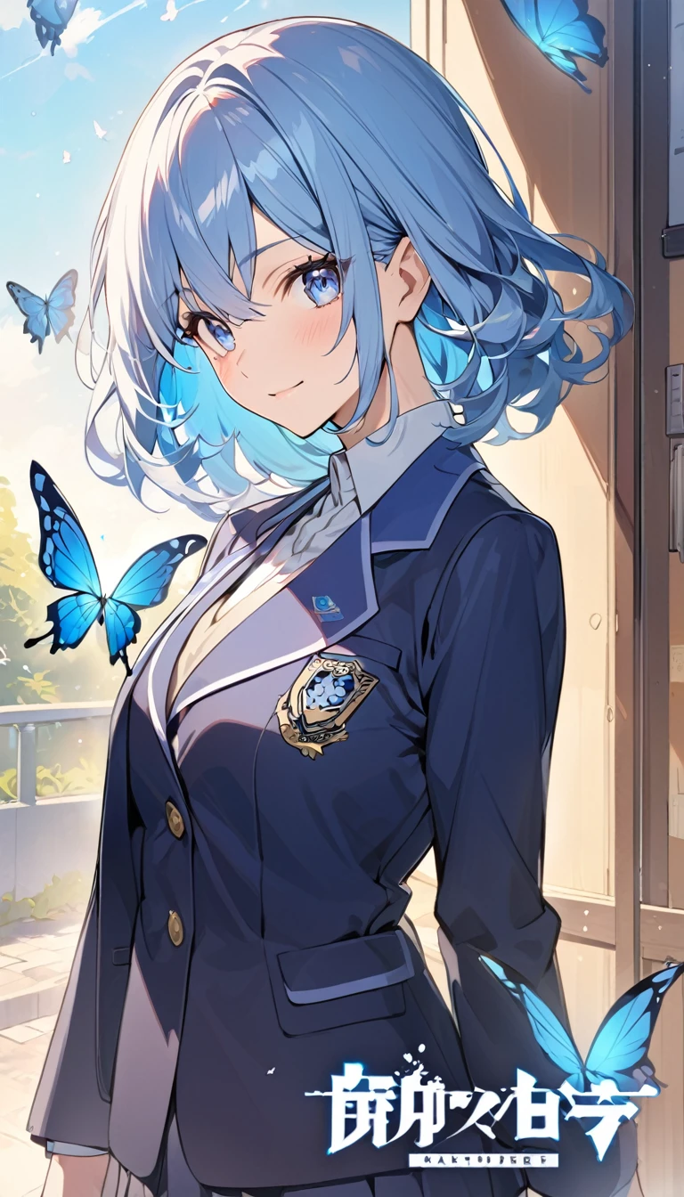 Woman,matured,School,Uniform,blazer,logo,blue hair,blue eyes,calm expression,butterflies in the background