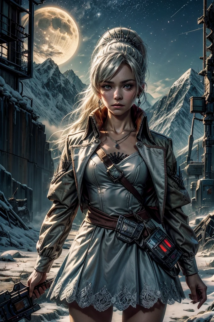 (masterpiece, best quality:1.2), cowboy shot, weissvale, expressionless, closed mouth, looking at viewer, ponytail, scar on eye, white dress, jewelry, necklace, earrings, standing with crowd in city ruins on hill, overlooking valley, BREAK night, stars, moon, snow, BREAK mountains in background, waterfall, vehicle wreck, , (crowd in military uniform), bonfires, post-apocalypse, dystopian future,